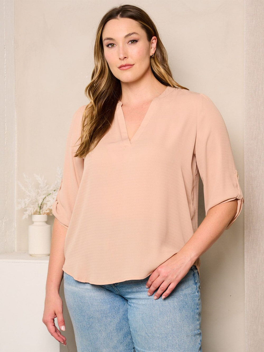 PLUS SIZE 3/4 SLEEVE V-NECK TUNIC BLOUSE TOP