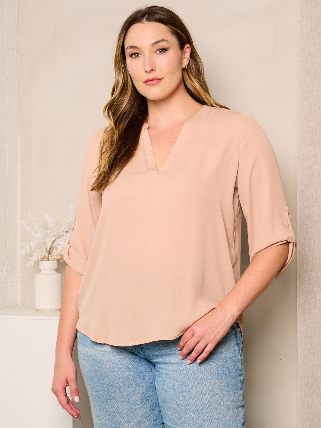 PLUS SIZE 3/4 SLEEVE V-NECK TUNIC BLOUSE TOP