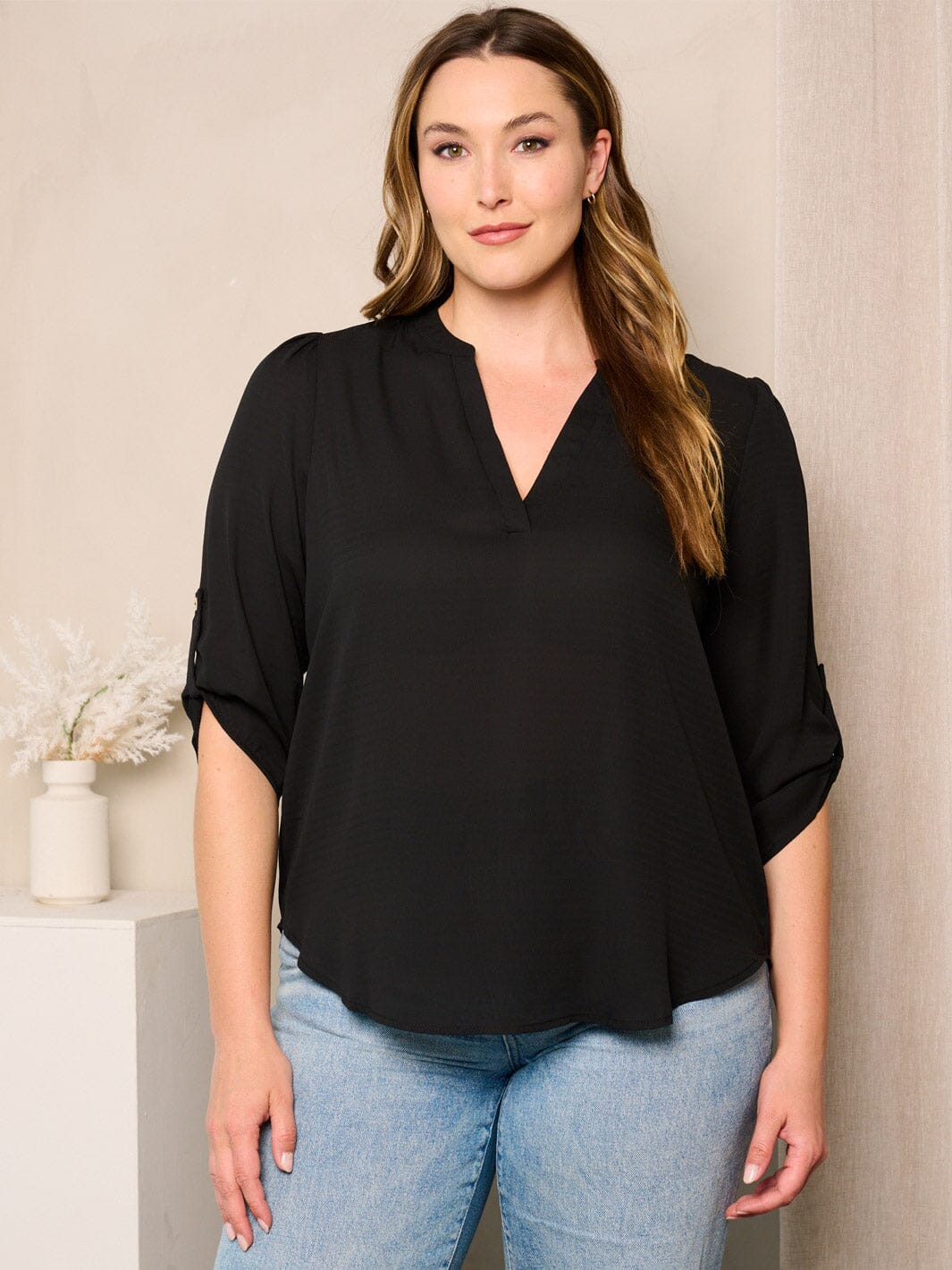 PLUS SIZE 3/4 SLEEVE V-NECK TUNIC BLOUSE TOP