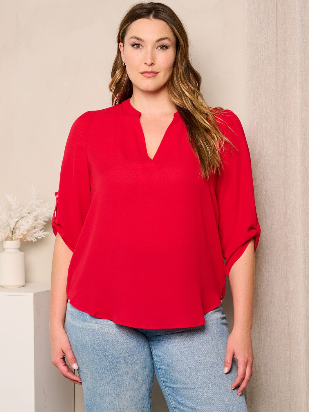 PLUS SIZE 3/4 SLEEVE V-NECK TUNIC BLOUSE TOP