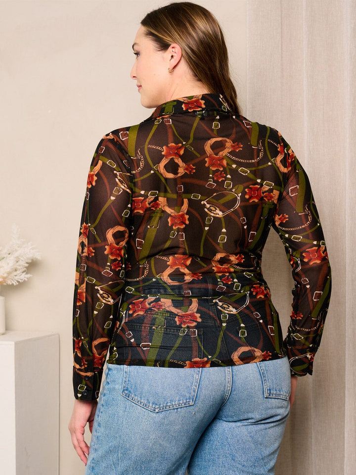 PLUS SIZE LONG SLEEVE BUTTON UP MULTI PRINT BLOUSE TOP