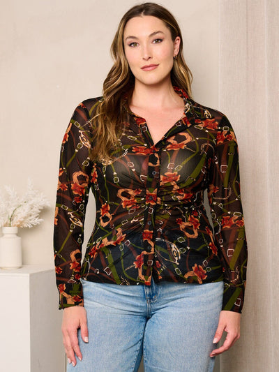 PLUS SIZE LONG SLEEVE BUTTON UP MULTI PRINT BLOUSE TOP