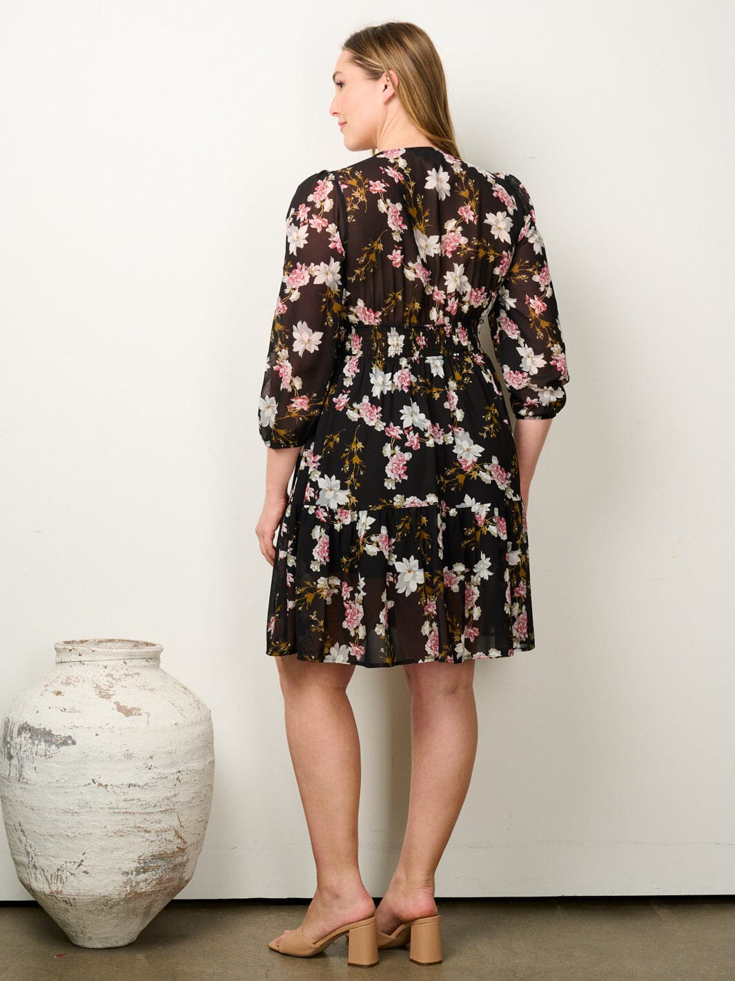 PLUS SIZE 3/4 SLEEVE SURPLICE SMOCK WAIST FLORAL MINI DRESS
