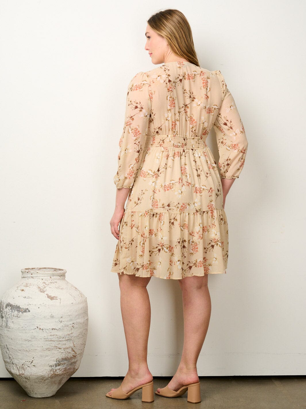 PLUS SIZE 3/4 SLEEVE SURPLICE SMOCK WAIST FLORAL MINI DRESS