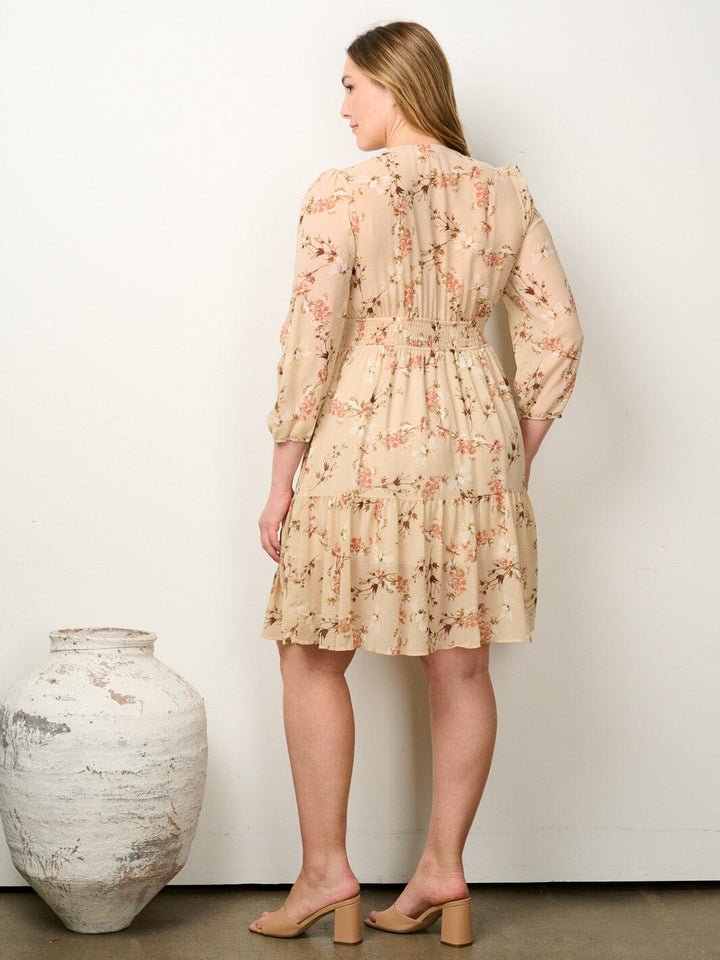PLUS SIZE 3/4 SLEEVE SURPLICE SMOCK WAIST FLORAL MINI DRESS