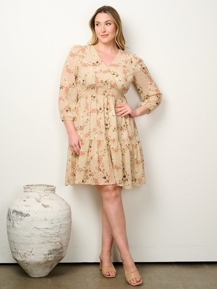 PLUS SIZE 3/4 SLEEVE SURPLICE SMOCK WAIST FLORAL MINI DRESS