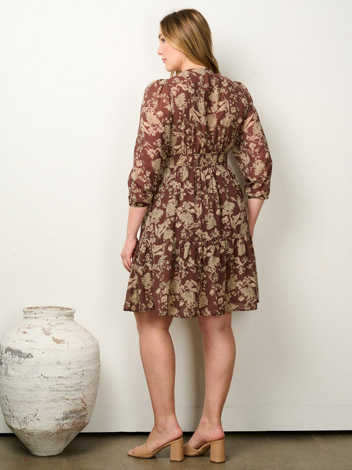 PLUS SIZE 3/4 SLEEVE SURPLICE SMOCK WAIST FLORAL MINI DRESS