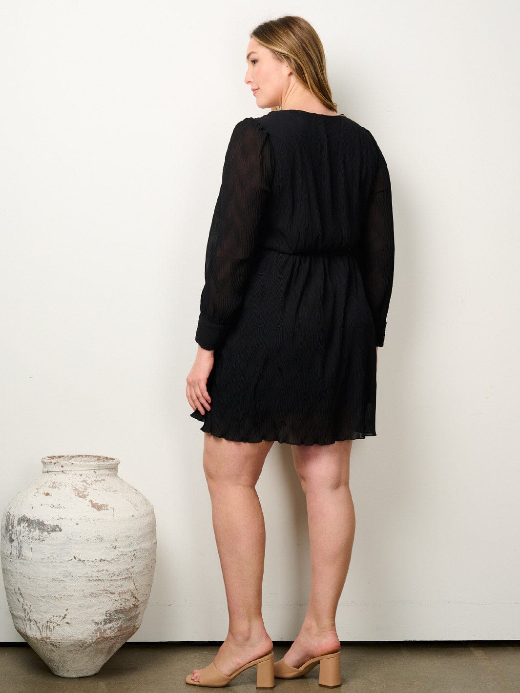 PLUS SIZE LONG SLEEVE V-NECK FIT & FLARE MINI DRESS