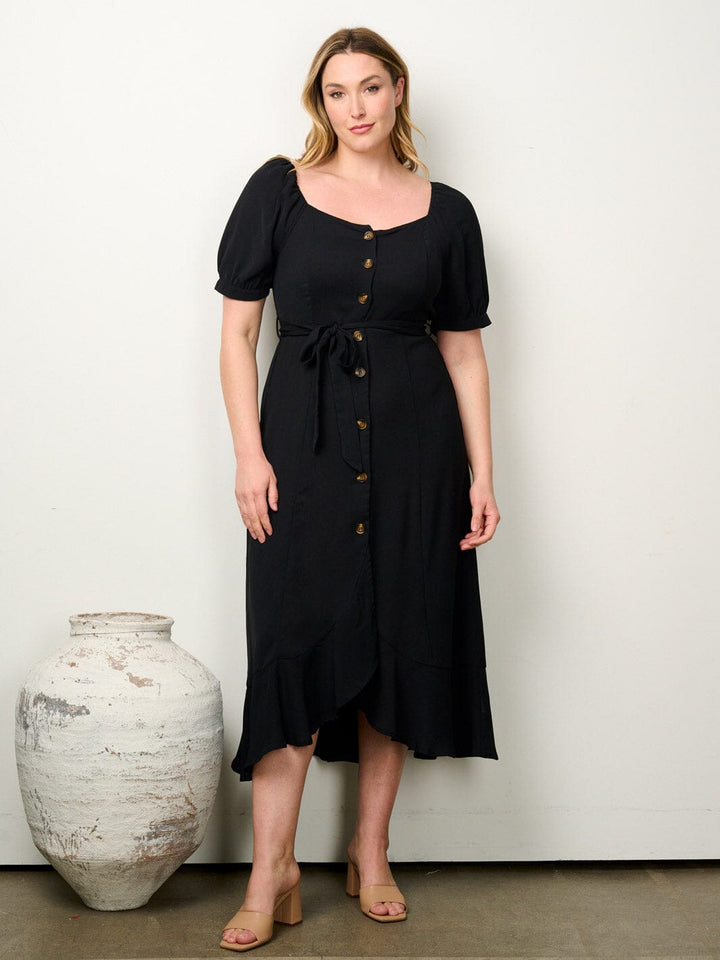 PLUS SIZE SHORT PUFF SLEEVE BUTTON UP SELF TIE MAXI DRESS