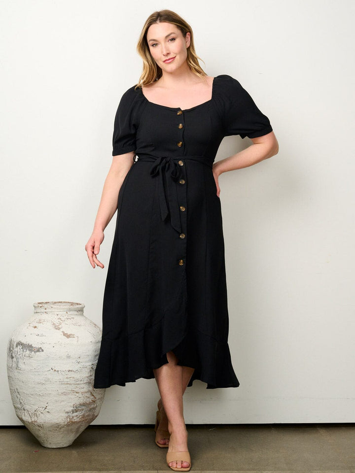 PLUS SIZE SHORT PUFF SLEEVE BUTTON UP SELF TIE MAXI DRESS