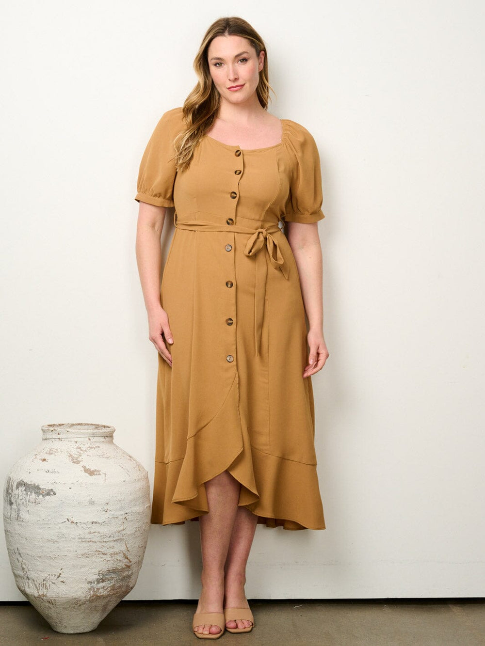 PLUS SIZE SHORT PUFF SLEEVE BUTTON UP SELF TIE MAXI DRESS