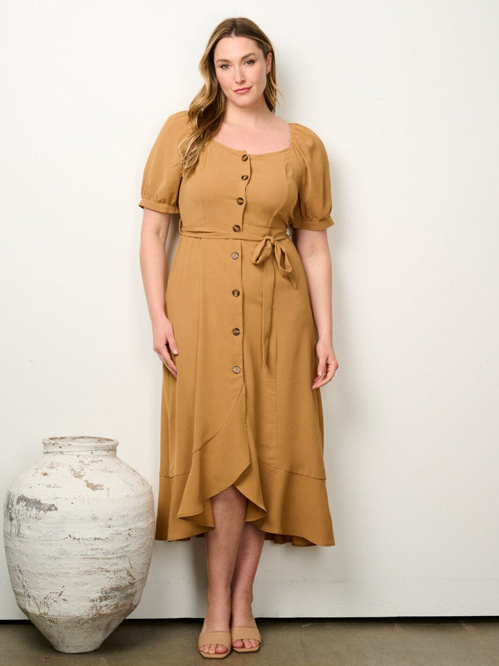PLUS SIZE SHORT PUFF SLEEVE BUTTON UP SELF TIE MAXI DRESS