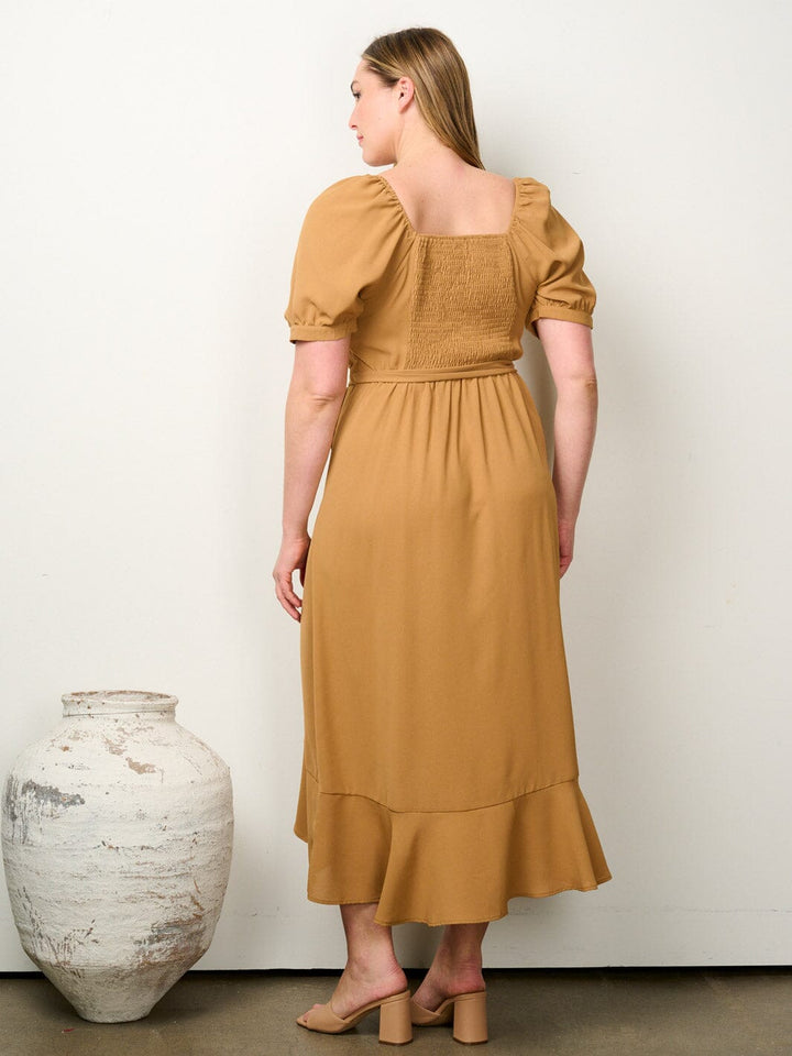 PLUS SIZE SHORT PUFF SLEEVE BUTTON UP SELF TIE MAXI DRESS