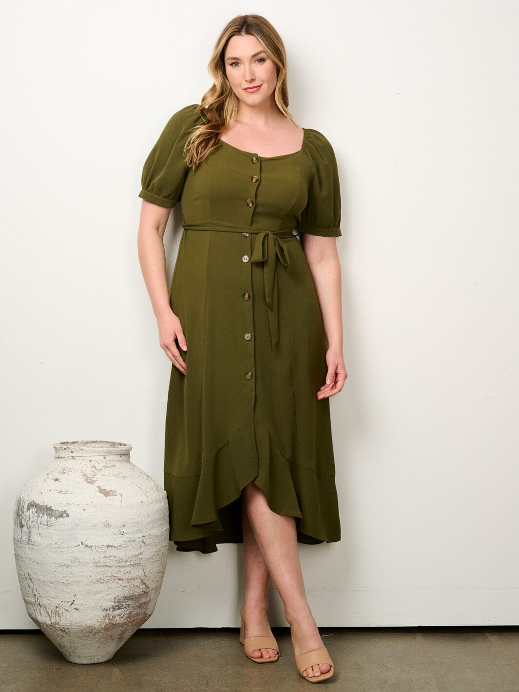 PLUS SIZE SHORT PUFF SLEEVE BUTTON UP SELF TIE MAXI DRESS