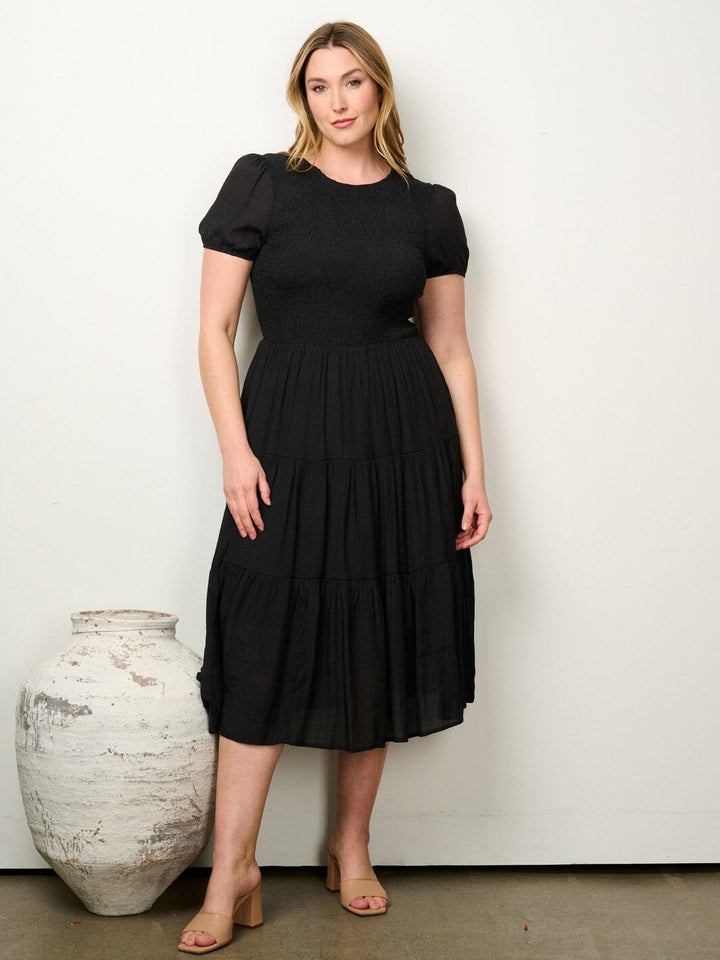 PLUS SIZE SHORT PUFF SLEEVE SMOCK TIERED MIDI DRESS