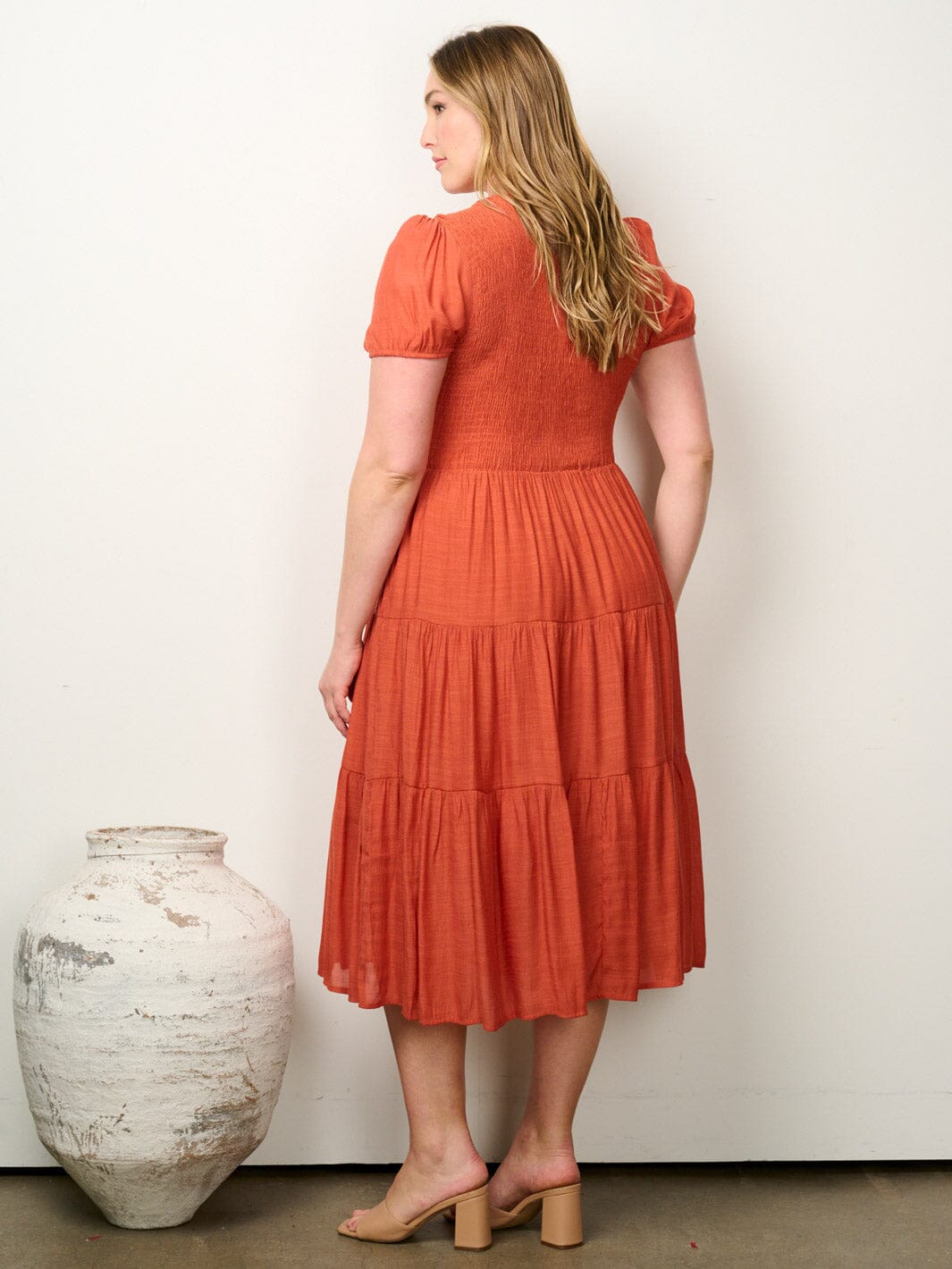 PLUS SIZE SHORT PUFF SLEEVE SMOCK TIERED MIDI DRESS