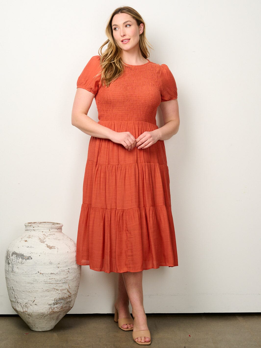 PLUS SIZE SHORT PUFF SLEEVE SMOCK TIERED MIDI DRESS