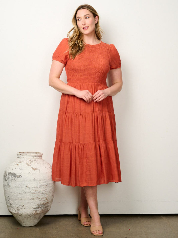 PLUS SIZE SHORT PUFF SLEEVE SMOCK TIERED MIDI DRESS