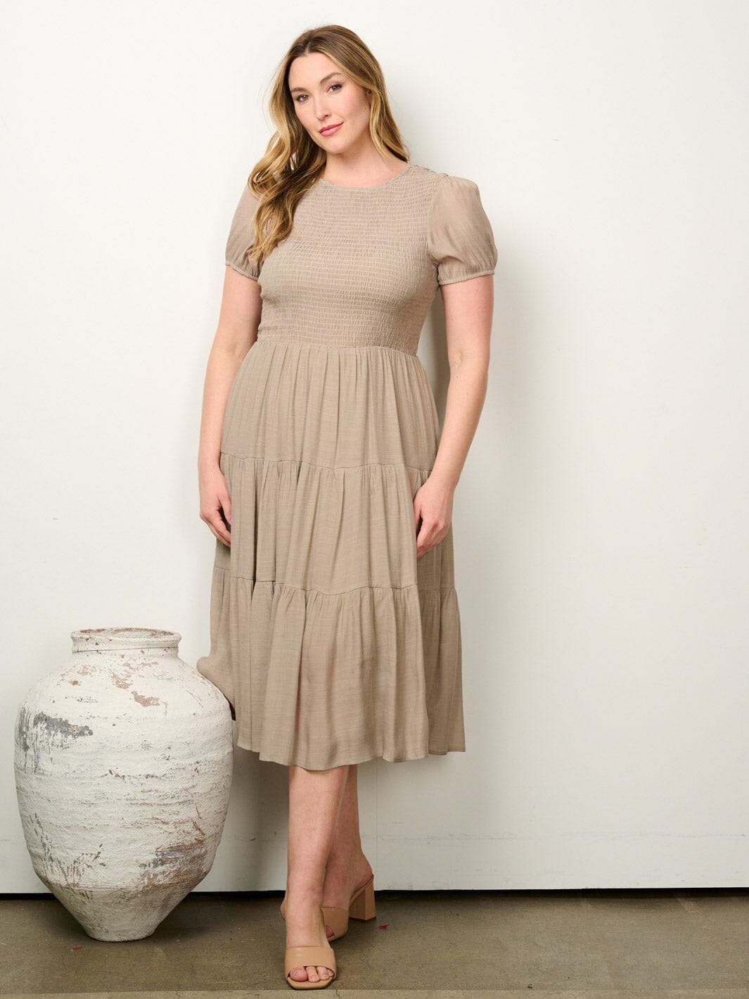 PLUS SIZE SHORT PUFF SLEEVE SMOCK TIERED MIDI DRESS