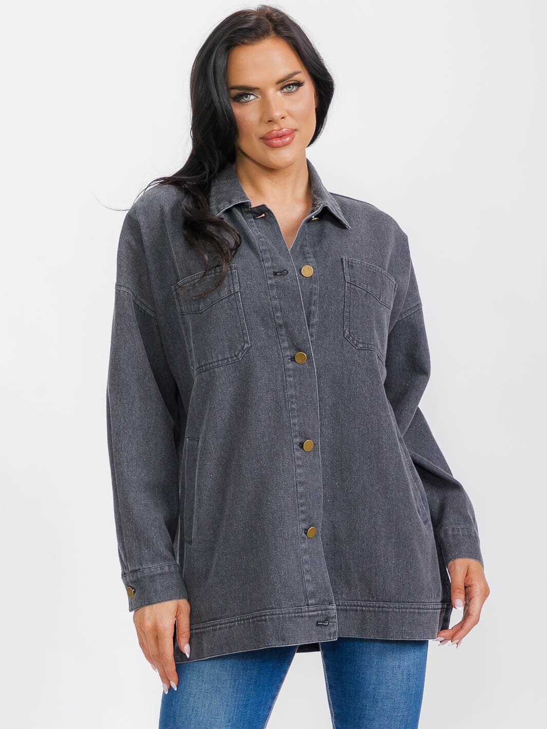 WOMEN'S LONG SLEEVE BUTTON CLOSURE POCKETS DENIM JACKET