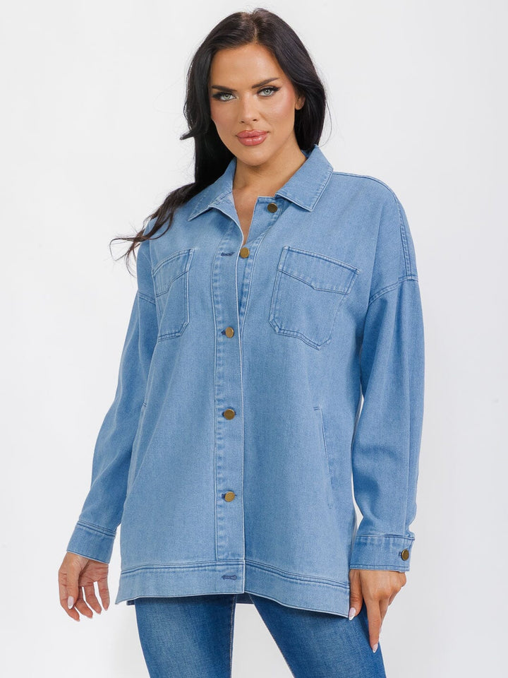 WOMEN'S LONG SLEEVE BUTTON CLOSURE POCKETS DENIM JACKET