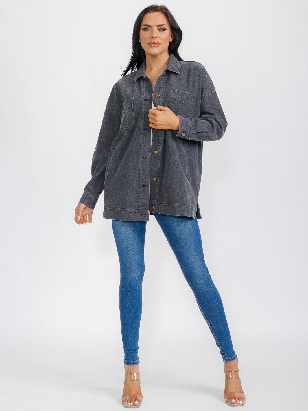 WOMEN'S LONG SLEEVE BUTTON CLOSURE POCKETS DENIM JACKET