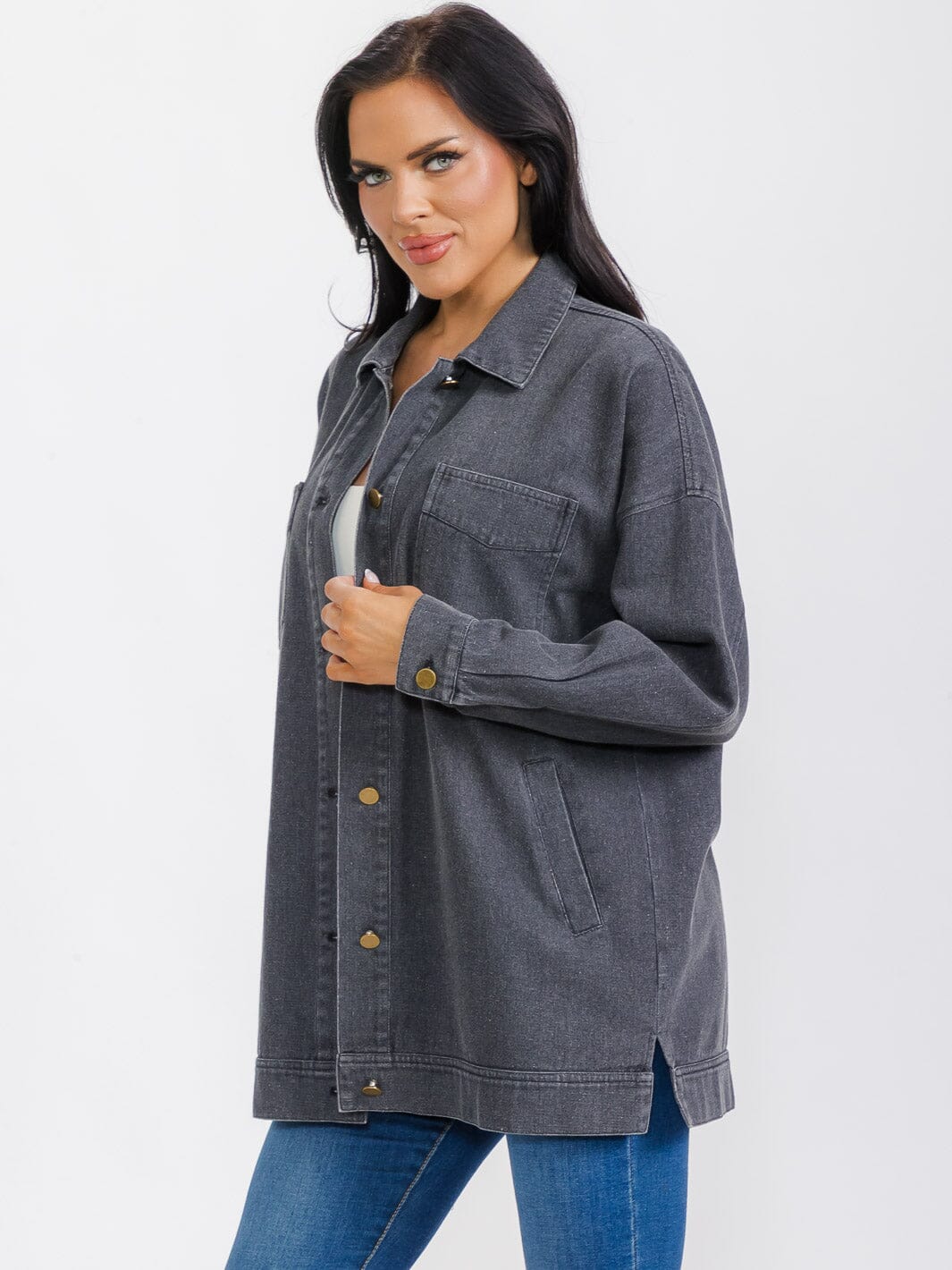WOMEN'S LONG SLEEVE BUTTON CLOSURE POCKETS DENIM JACKET