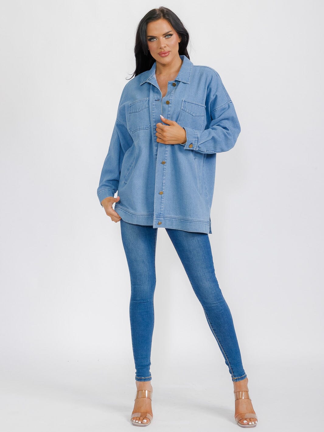 WOMEN'S LONG SLEEVE BUTTON CLOSURE POCKETS DENIM JACKET