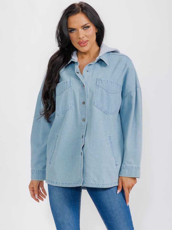 WOMEN'S LONG SLEEVE BUTTON CLOSURE POCKETS HOODED DENIM JACKET