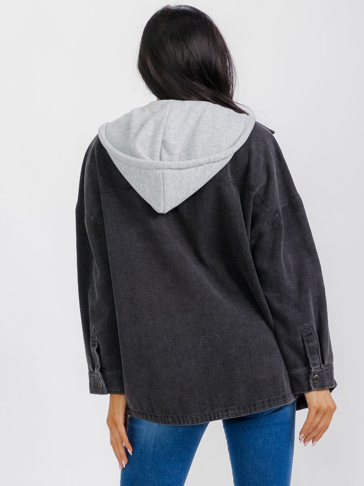 WOMEN'S LONG SLEEVE BUTTON CLOSURE POCKETS HOODED DENIM JACKET