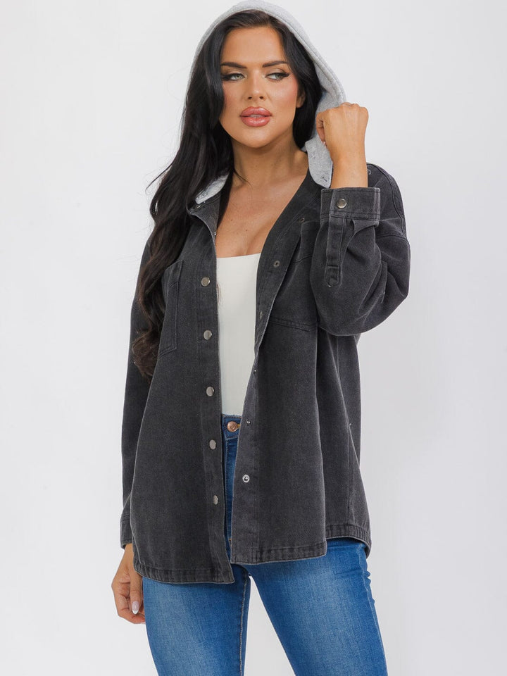 WOMEN'S LONG SLEEVE BUTTON CLOSURE POCKETS HOODED DENIM JACKET