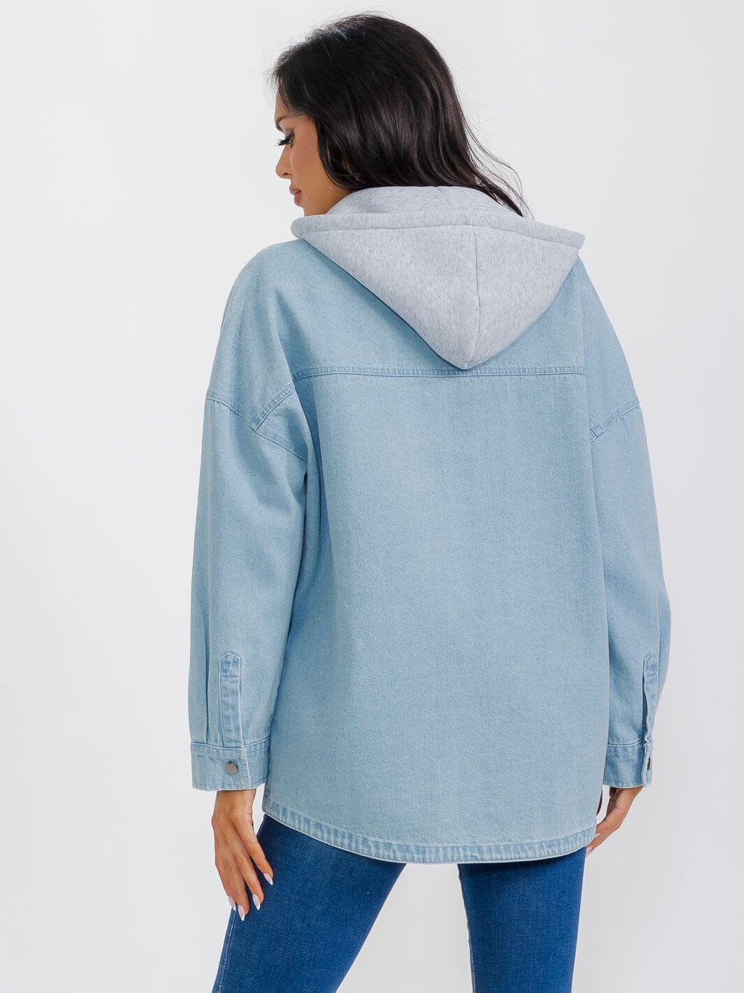 WOMEN'S LONG SLEEVE BUTTON CLOSURE POCKETS HOODED DENIM JACKET