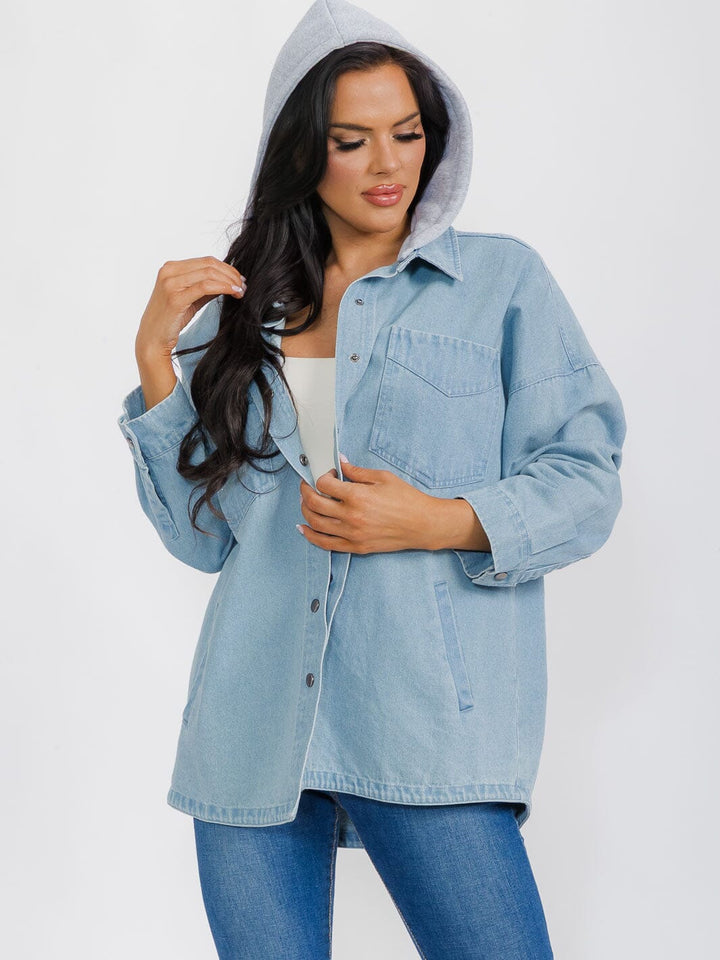 WOMEN'S LONG SLEEVE BUTTON CLOSURE POCKETS HOODED DENIM JACKET