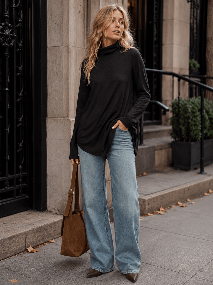 WOMEN'S LONG SLEEVE TURTLE NECK HIGH-LOW TOP