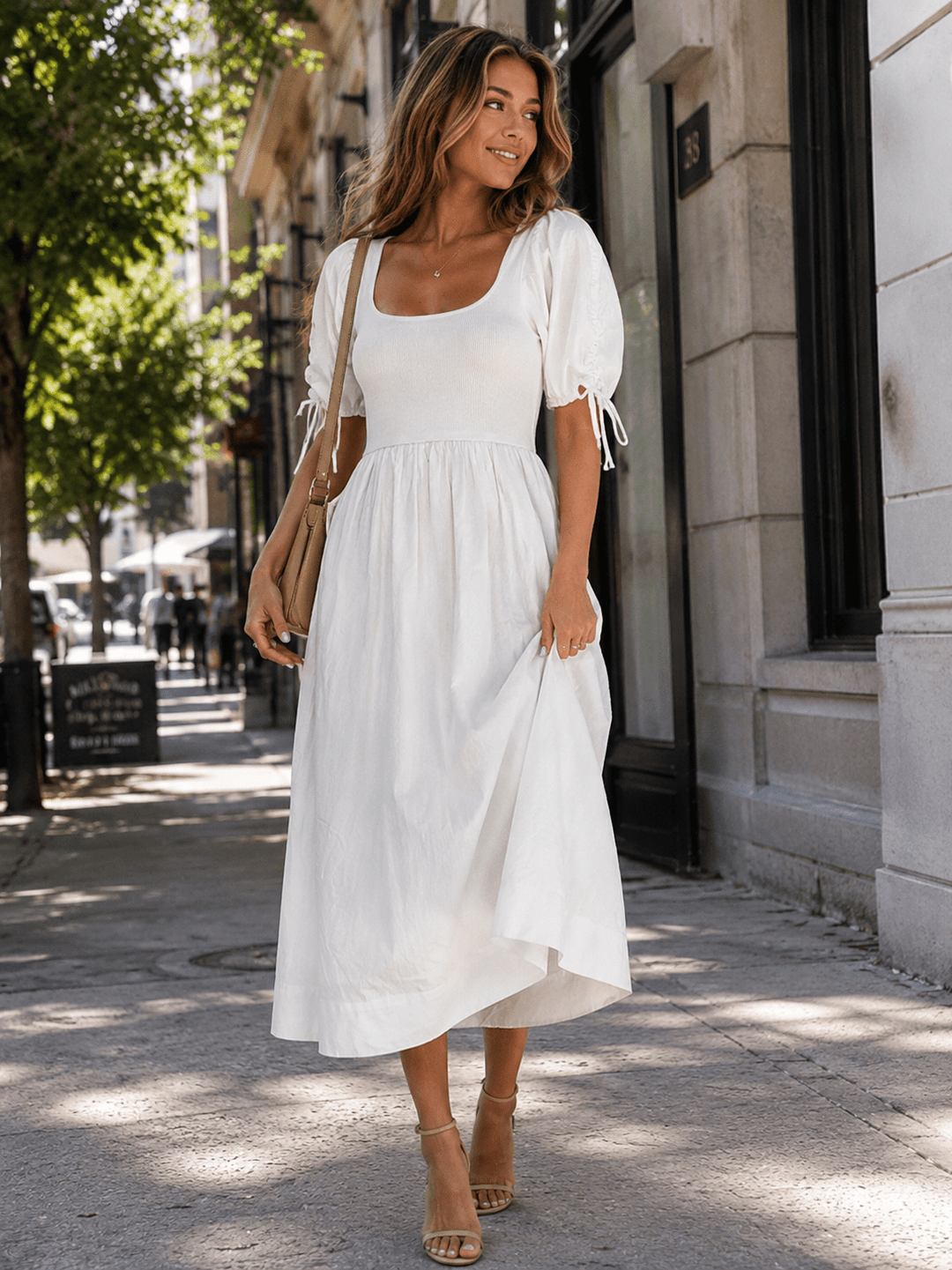 WOMEN'S SHORT SLEEVE ELASTIC WAIST FRONT POCKETS MAXI DRESS