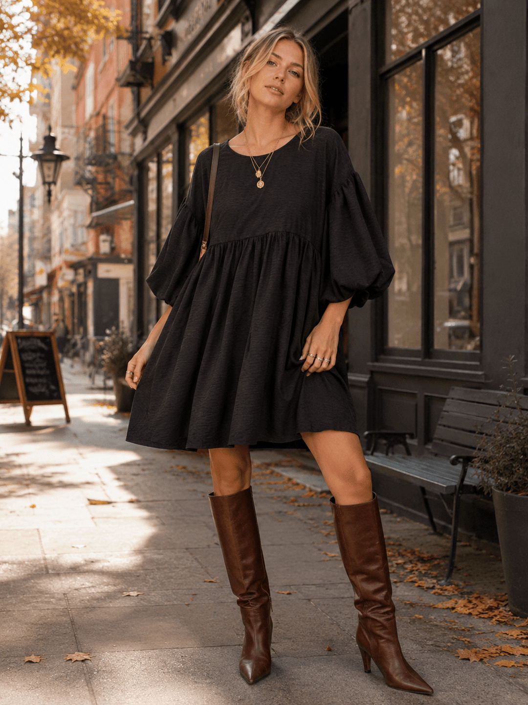 WOMEN'S SHORT PUFF SLEEVE POCKETS TIERED TUNIC MINI DRESS