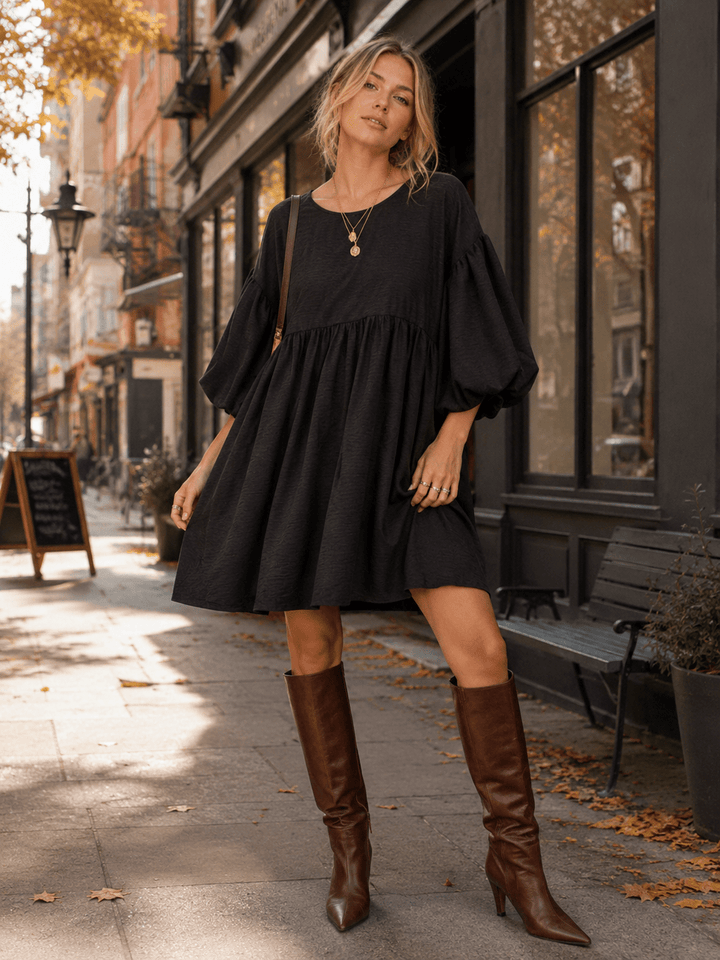 WOMEN'S SHORT PUFF SLEEVE POCKETS TIERED TUNIC MINI DRESS