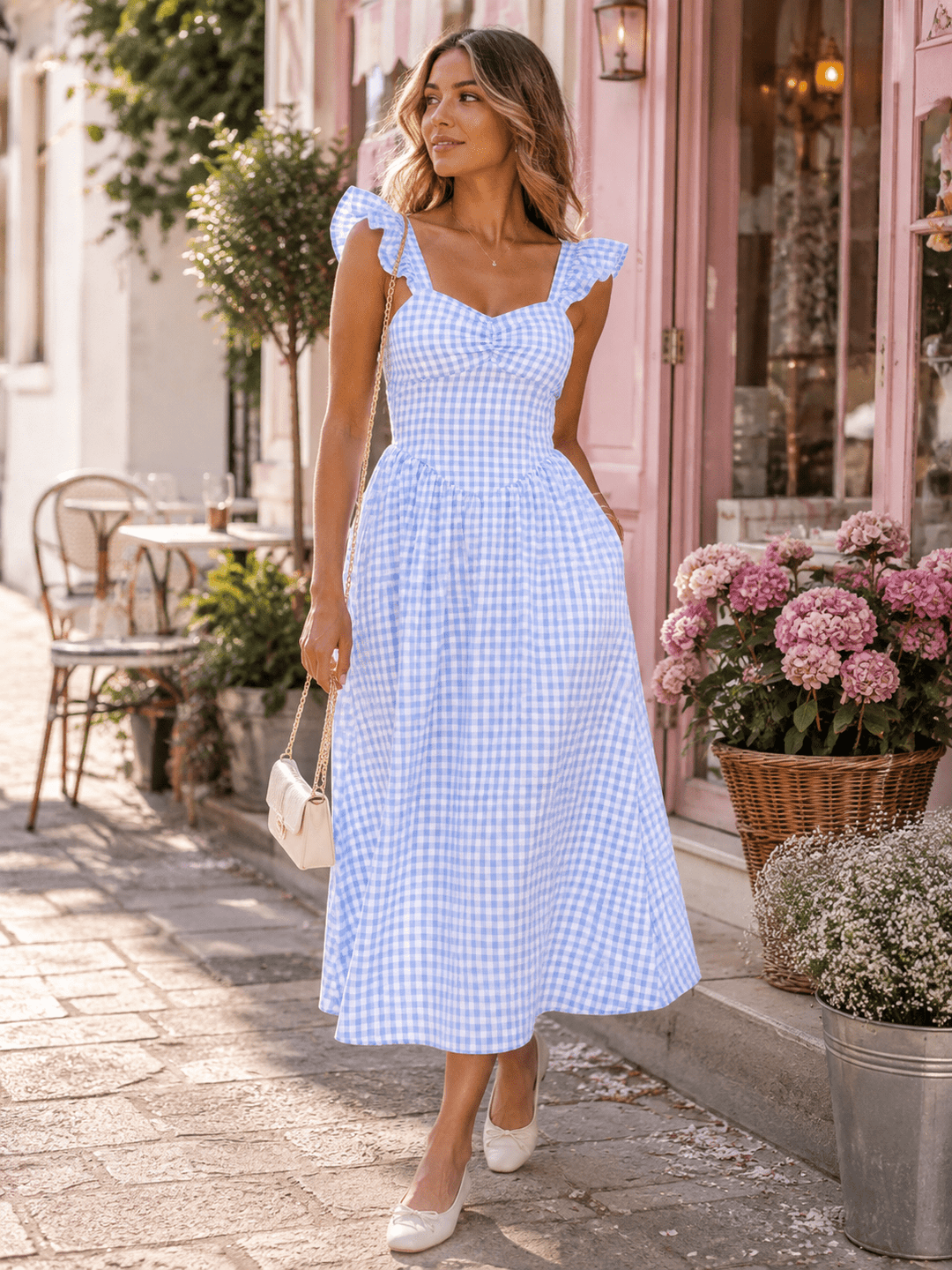 WOMEN'S RUFFLE SLEEVE V-NECK SMOCK TIERED PLAID MAXI DRESS