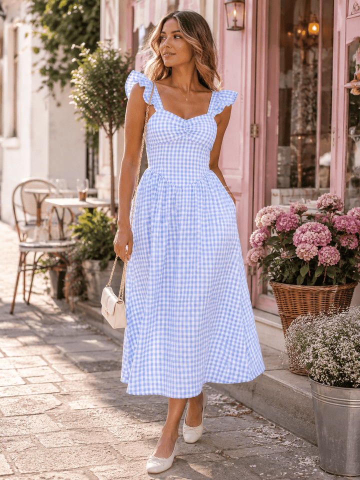 WOMEN'S RUFFLE SLEEVE V-NECK SMOCK TIERED PLAID MAXI DRESS