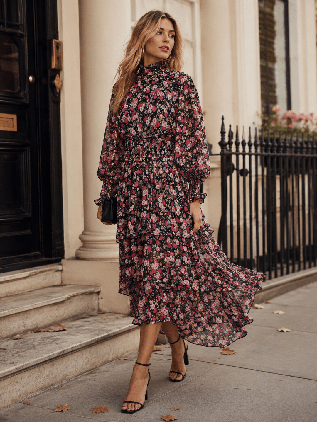 WOMEN'S LONG SLEEVE SMOCK WAIST HIGH-LOW FLORAL MAXI DRESS