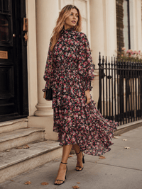 WOMEN'S LONG SLEEVE SMOCK WAIST HIGH-LOW FLORAL MAXI DRESS
