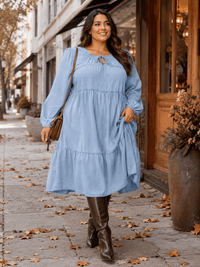 PLUS SIZE LONG SLEEVE FRONT POCKETS TIERED CHAMBRAY MAXI DRESS