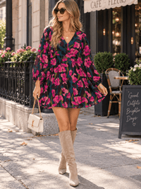 ENTRO WOMEN'S LONG SLEEVE SURPLICE FLORAL PRINT MINI DRESS