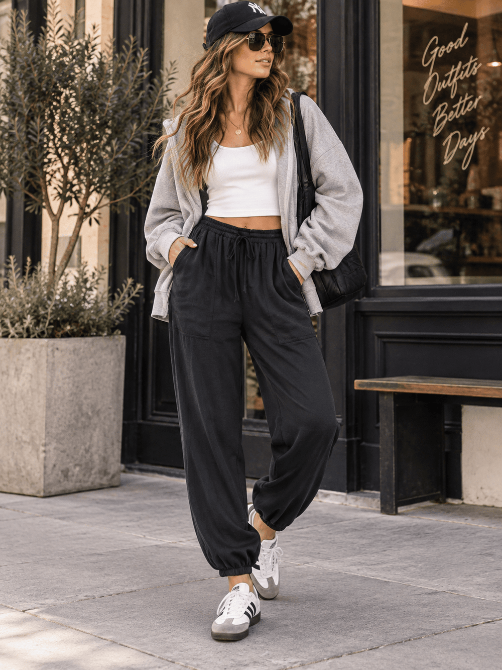 WOMEN'S ELASTIC WAIST POCKETS JOGGER LEG PANTS