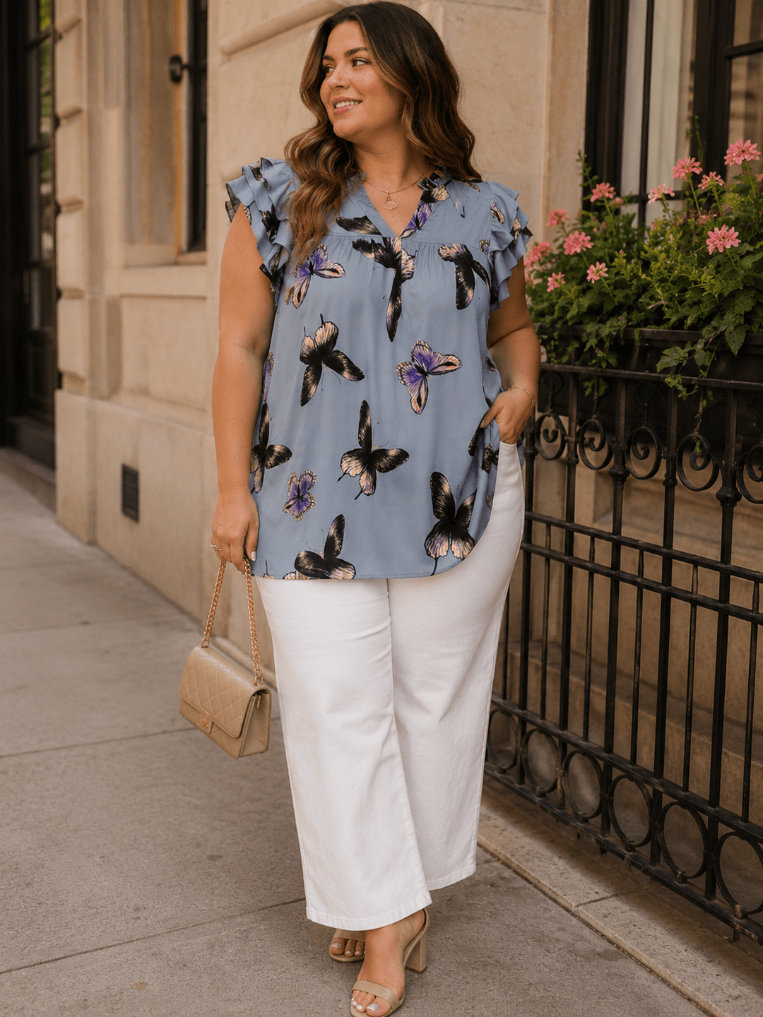 PLUS SIZE SHORT SLEEVE V-NECK RUFFLE BUTTERFLY PRINT BLOUSE
