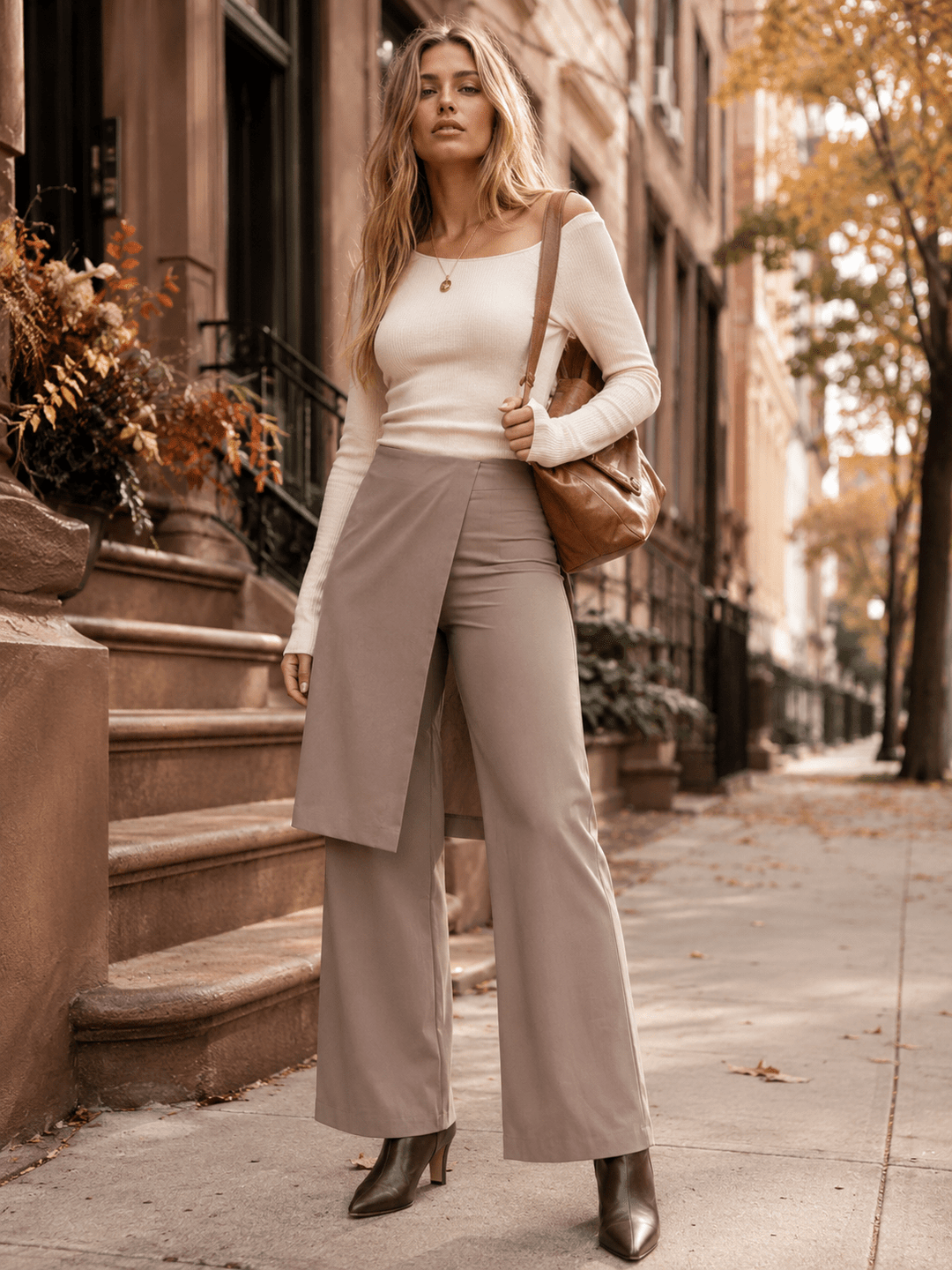 WOMEN'S ZIPPER CLOSURE SKIRT OVERLAY STRAIGHT LEG PANTS