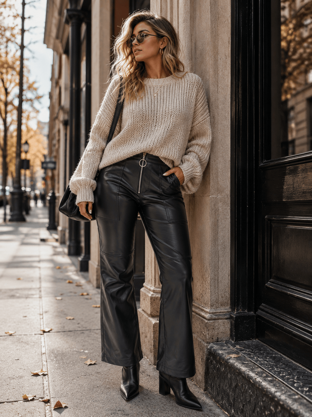 WOMEN'S BUTTON CLOSURE FRONT POCKETS WIDE LEG PU PLEATHER PANTS