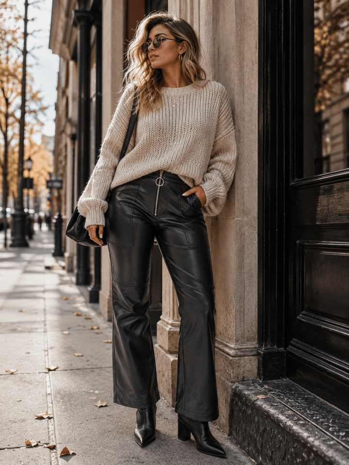 WOMEN'S BUTTON CLOSURE FRONT POCKETS WIDE LEG PU PLEATHER PANTS