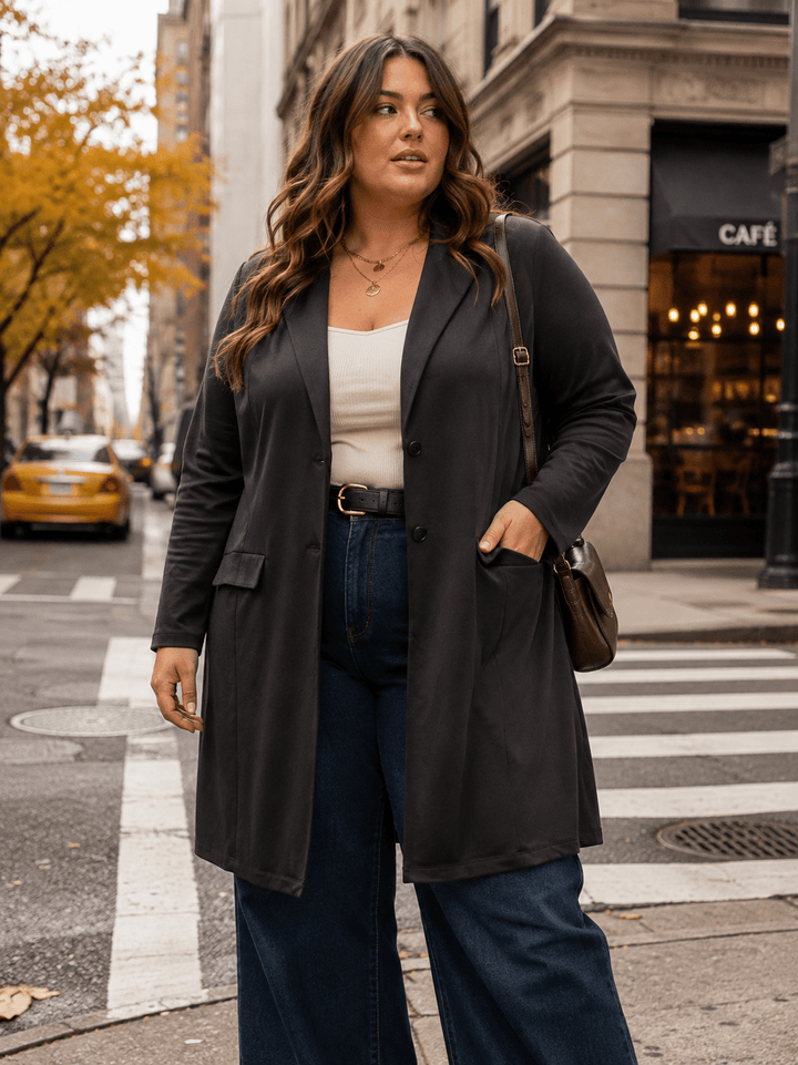 PLUS SIZE LONG SLEEVE BUTTON CLOSURE FRONT POCKETS CARDIGAN