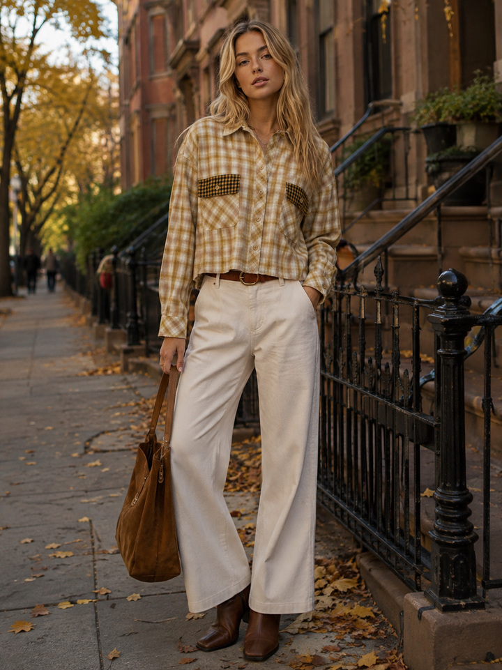 WOMEN'S LONG SLEEVE FRONT POCKETs BUTTON UP PLAID SHIRT